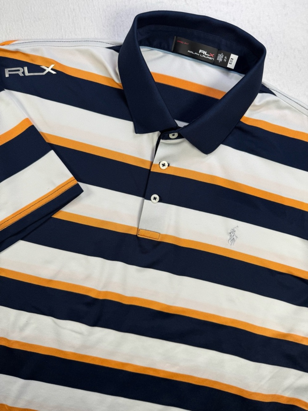 RLX Ralph Lauren Polo Shirt XL Striped Navy Orange Golf Performance